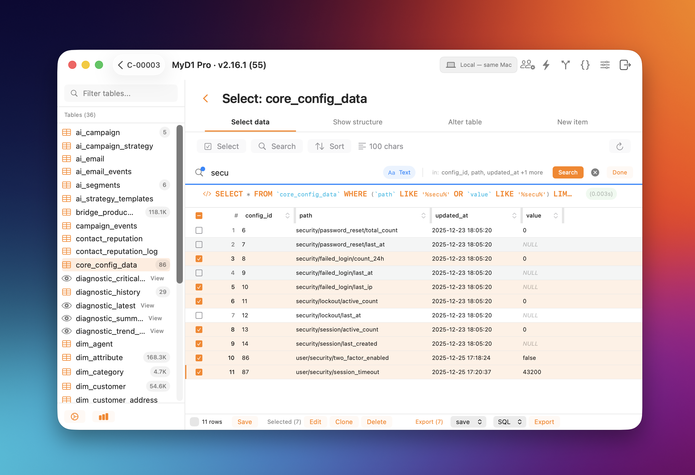 MyD1 — macOS app showing the Cloudflare D1 client UI